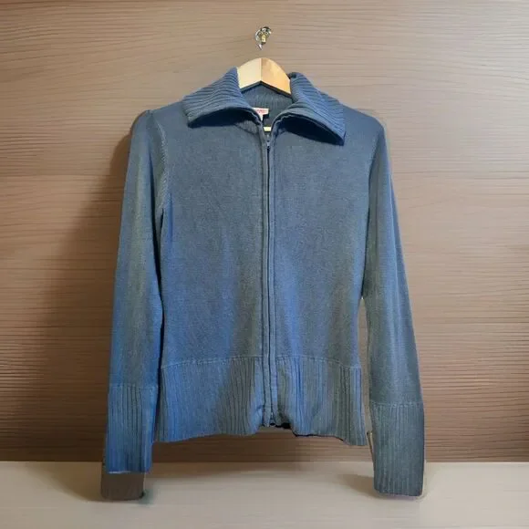 Mossimo Supply Co Blue Zip Up Sweater Jacket Womens Medium Ribbed Knit - Picture 1 of 10